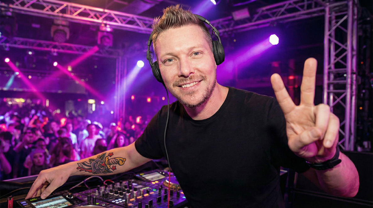 Robert bakom DJ-mixern, publik i bakgrunden